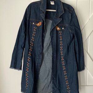 Denim Lace-Up Long Jean Jacket - Dark Blue